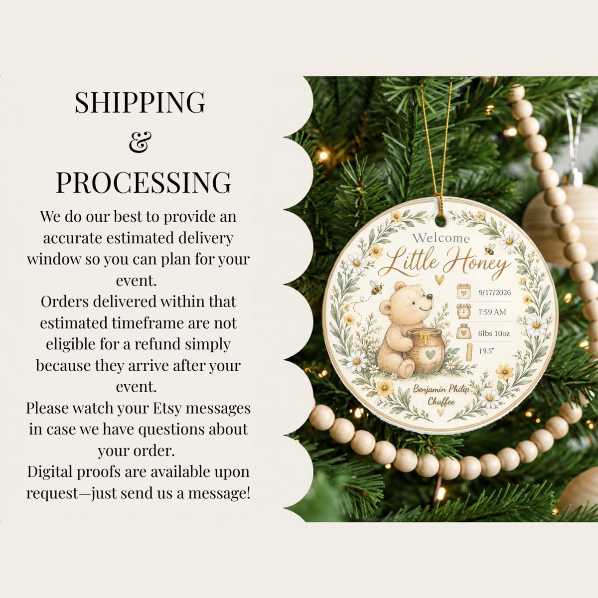 Birth Stats Ornament, Personalized Welcome Little Honey Baby Keepsake, Birth Announcement Gift, New Baby Christmas Gift, Newborn Gift