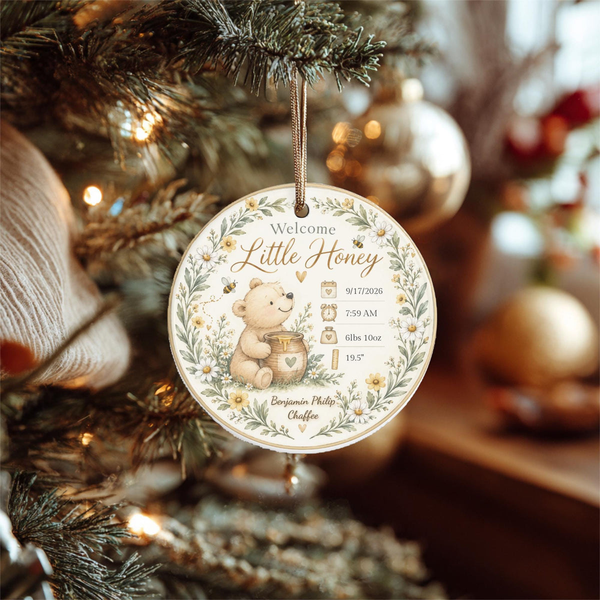 Birth Stats Ornament, Personalized Welcome Little Honey Baby Keepsake, Birth Announcement Gift, New Baby Christmas Gift, Newborn Gift
