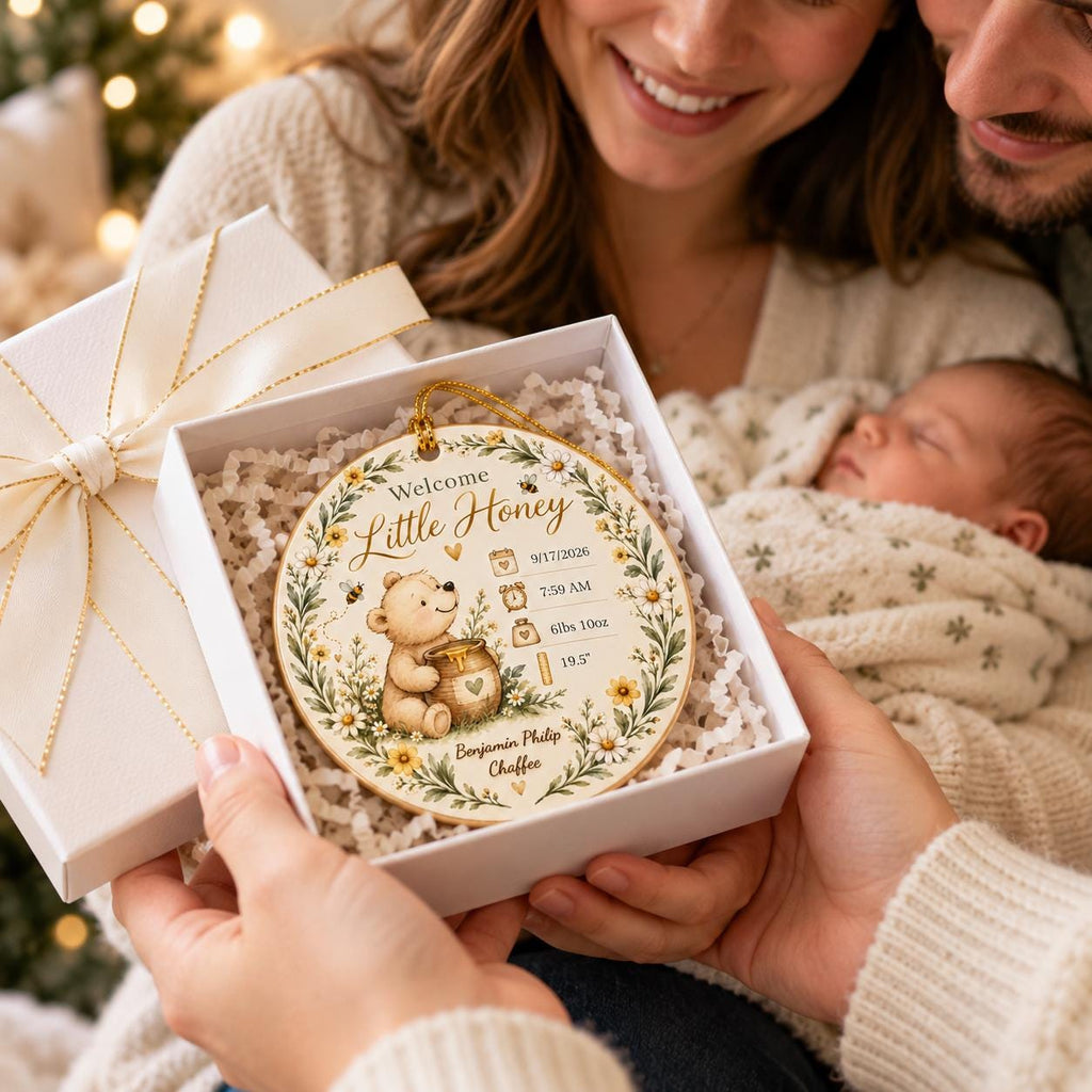 Birth Stats Ornament, Personalized Welcome Little Honey Baby Keepsake, Birth Announcement Gift, New Baby Christmas Gift, Newborn Gift