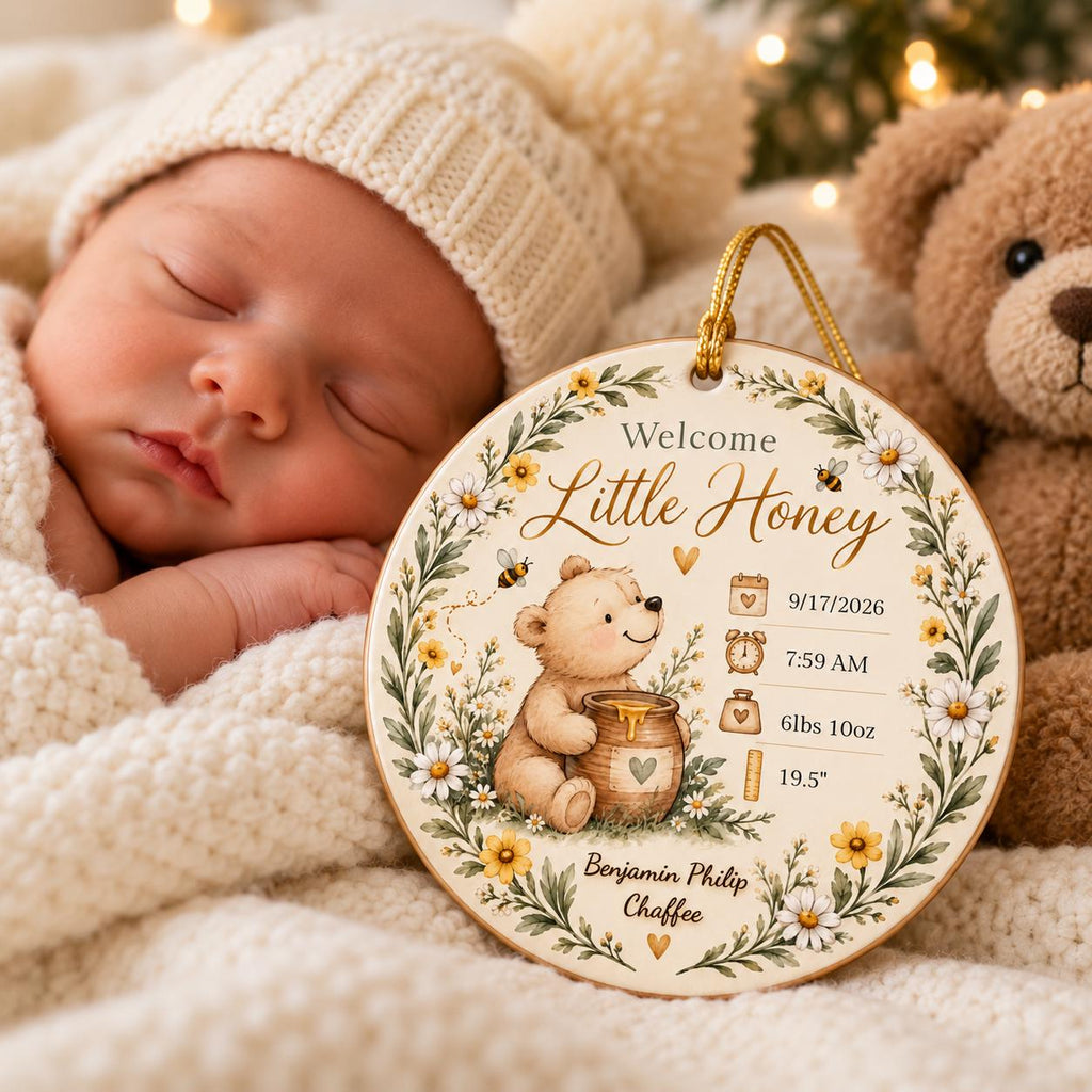 Birth Stats Ornament, Personalized Welcome Little Honey Baby Keepsake, Birth Announcement Gift, New Baby Christmas Gift, Newborn Gift