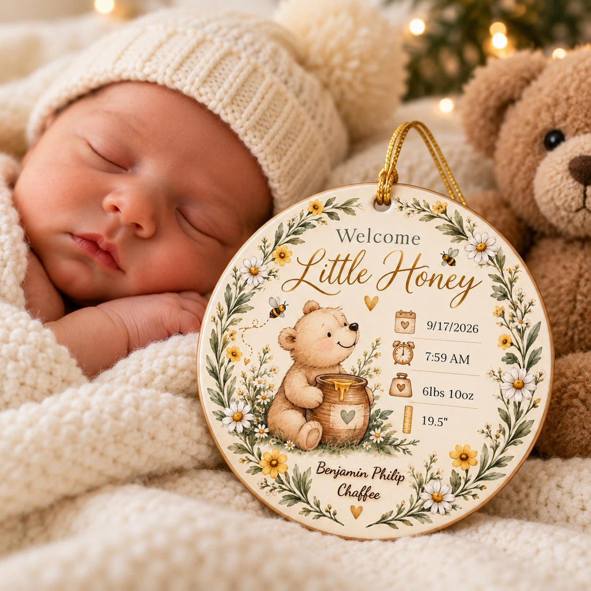 Birth Stats Ornament, Personalized Welcome Little Honey Baby Keepsake, Birth Announcement Gift, New Baby Christmas Gift, Newborn Gift