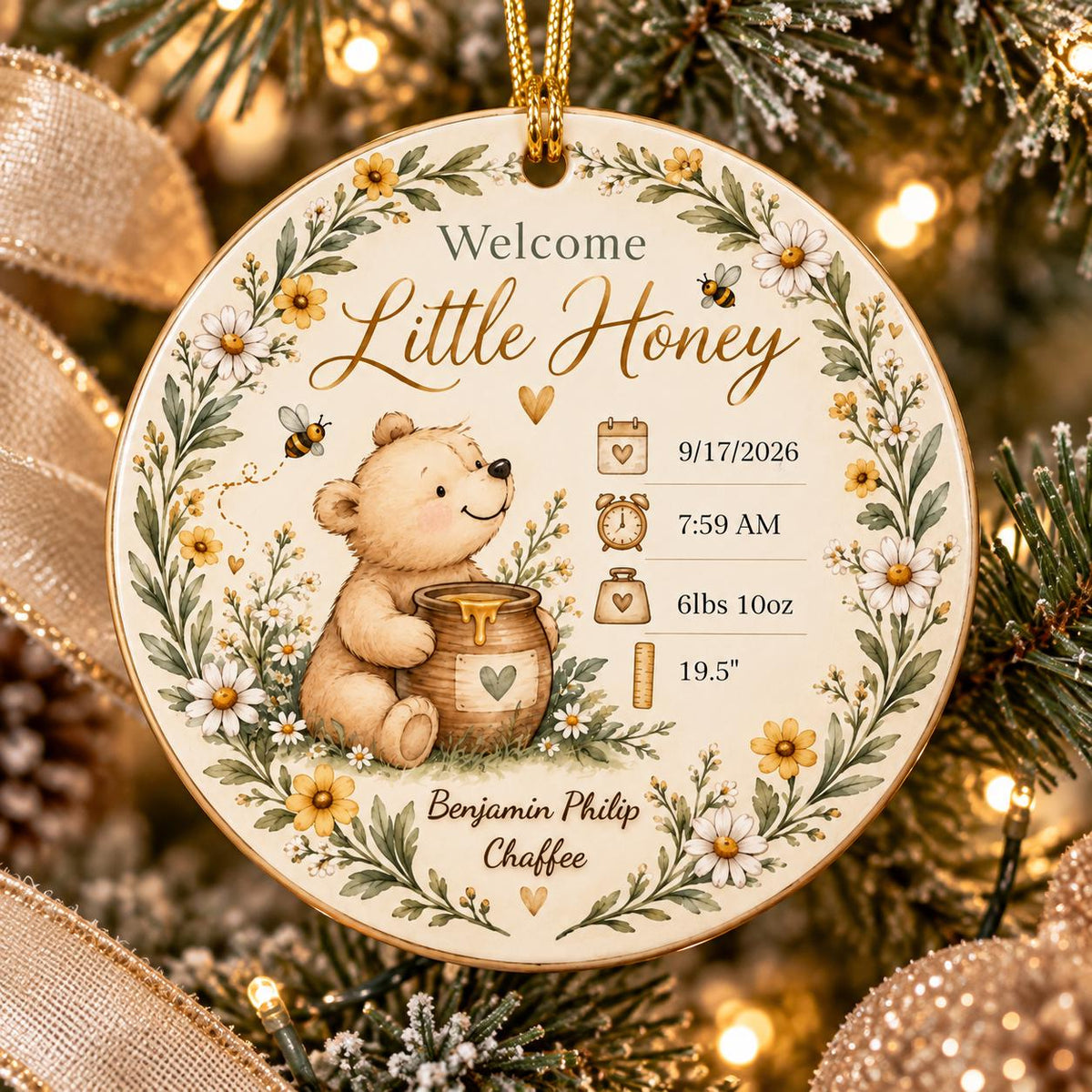 Birth Stats Ornament, Personalized Welcome Little Honey Baby Keepsake, Birth Announcement Gift, New Baby Christmas Gift, Newborn Gift