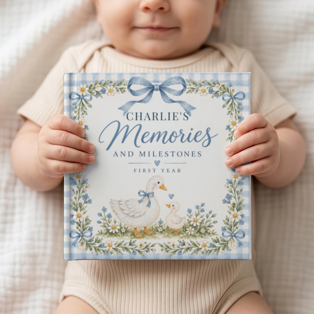 Personalized Baby Memory Book, First Year Milestone Journal, Baby Shower Gift for New Mom, Goose Baby Keepsake Album, Pink Blue Neutral
