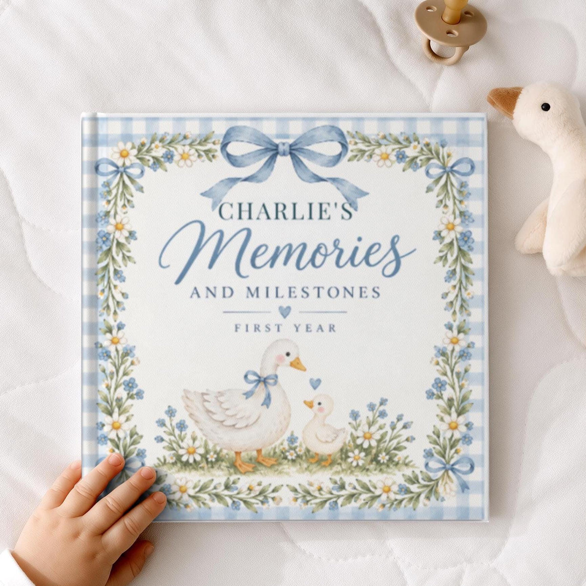 Personalized Baby Memory Book, First Year Milestone Journal, Baby Shower Gift for New Mom, Goose Baby Keepsake Album, Pink Blue Neutral