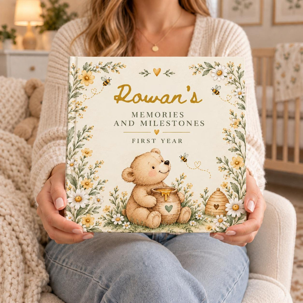 Baby Book First Year, Personalized Baby Memory Book, Honey Bear & Bee Milestone Journal, Newborn Keepsake, Baby Shower Gift