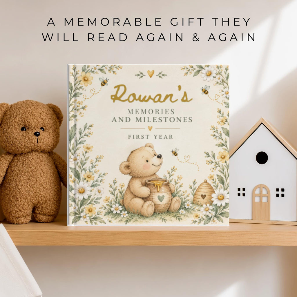 Baby Book First Year, Personalized Baby Memory Book, Honey Bear & Bee Milestone Journal, Newborn Keepsake, Baby Shower Gift