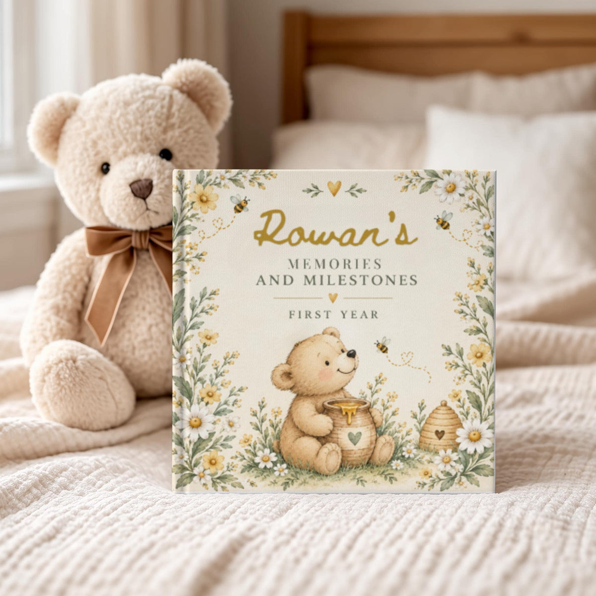 Baby Book First Year, Personalized Baby Memory Book, Honey Bear & Bee Milestone Journal, Newborn Keepsake, Baby Shower Gift