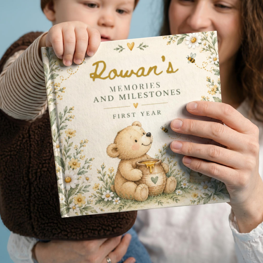 Baby Book First Year, Personalized Baby Memory Book, Honey Bear & Bee Milestone Journal, Newborn Keepsake, Baby Shower Gift