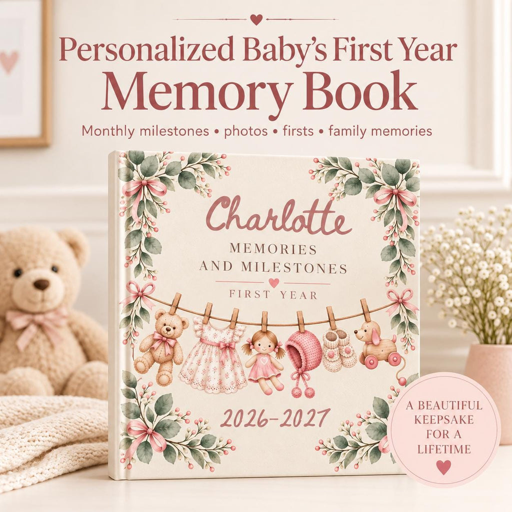 Personalized Baby Memory Book, Vintage Clothesline First Year Milestones, Baby Keepsake Journal, New Mom Gift, Pink or Blue Shower Gift