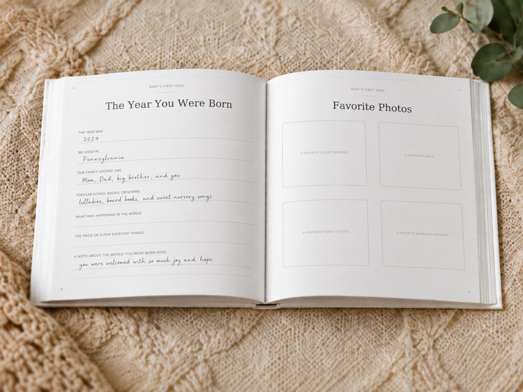 Personalized Baby Memory Book, Vintage Clothesline First Year Milestones, Baby Keepsake Journal, New Mom Gift, Pink or Blue Shower Gift