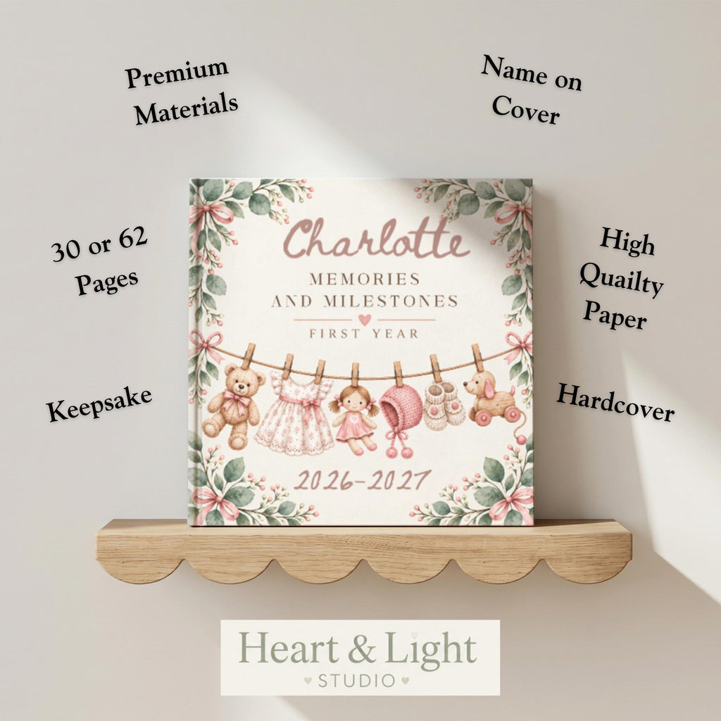 Personalized Baby Memory Book, Vintage Clothesline First Year Milestones, Baby Keepsake Journal, New Mom Gift, Pink or Blue Shower Gift