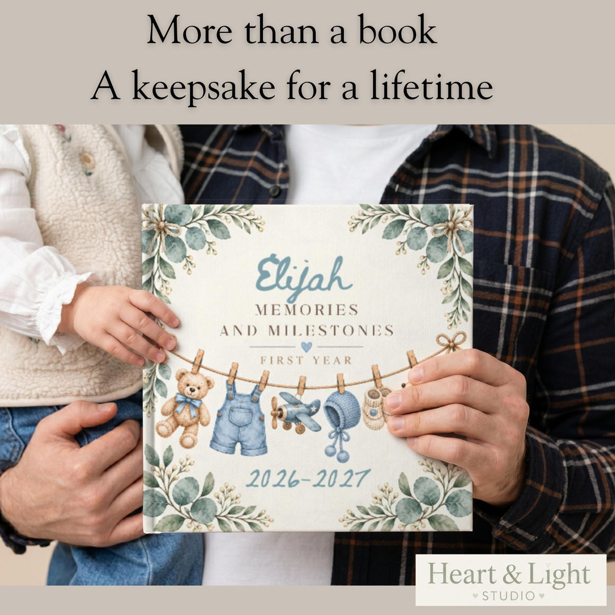 Personalized Baby Memory Book, Vintage Clothesline First Year Milestones, Baby Keepsake Journal, New Mom Gift, Pink or Blue Shower Gift