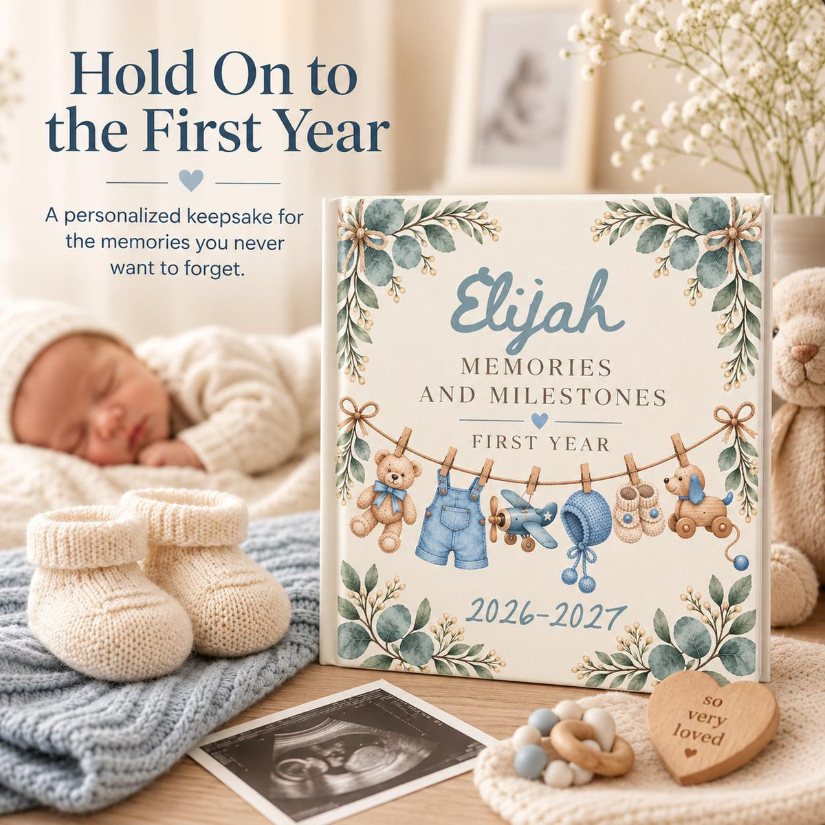 Personalized Baby Memory Book, First Year Milestone Journal, Newborn Keepsake, Baby Shower Gift for New Mom, Boy or Girl, 30 or 62 Pages