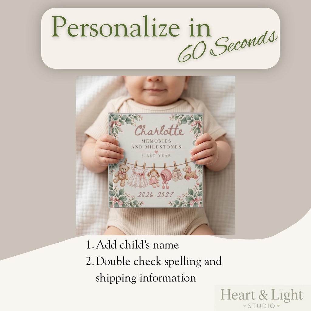 Personalized Baby Memory Book, First Year Milestone Journal, Newborn Keepsake, Baby Shower Gift for New Mom, Boy or Girl, 30 or 62 Pages