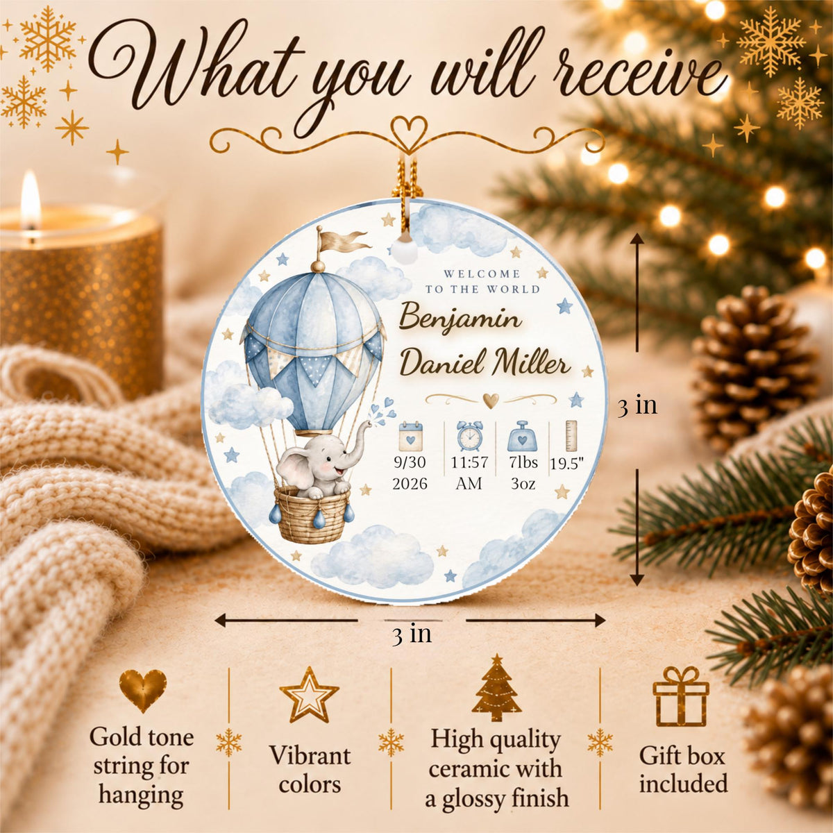 Personalized Baby Birth Stats Ornament, Elephant Hot Air Balloon Keepsake (Ceramic)