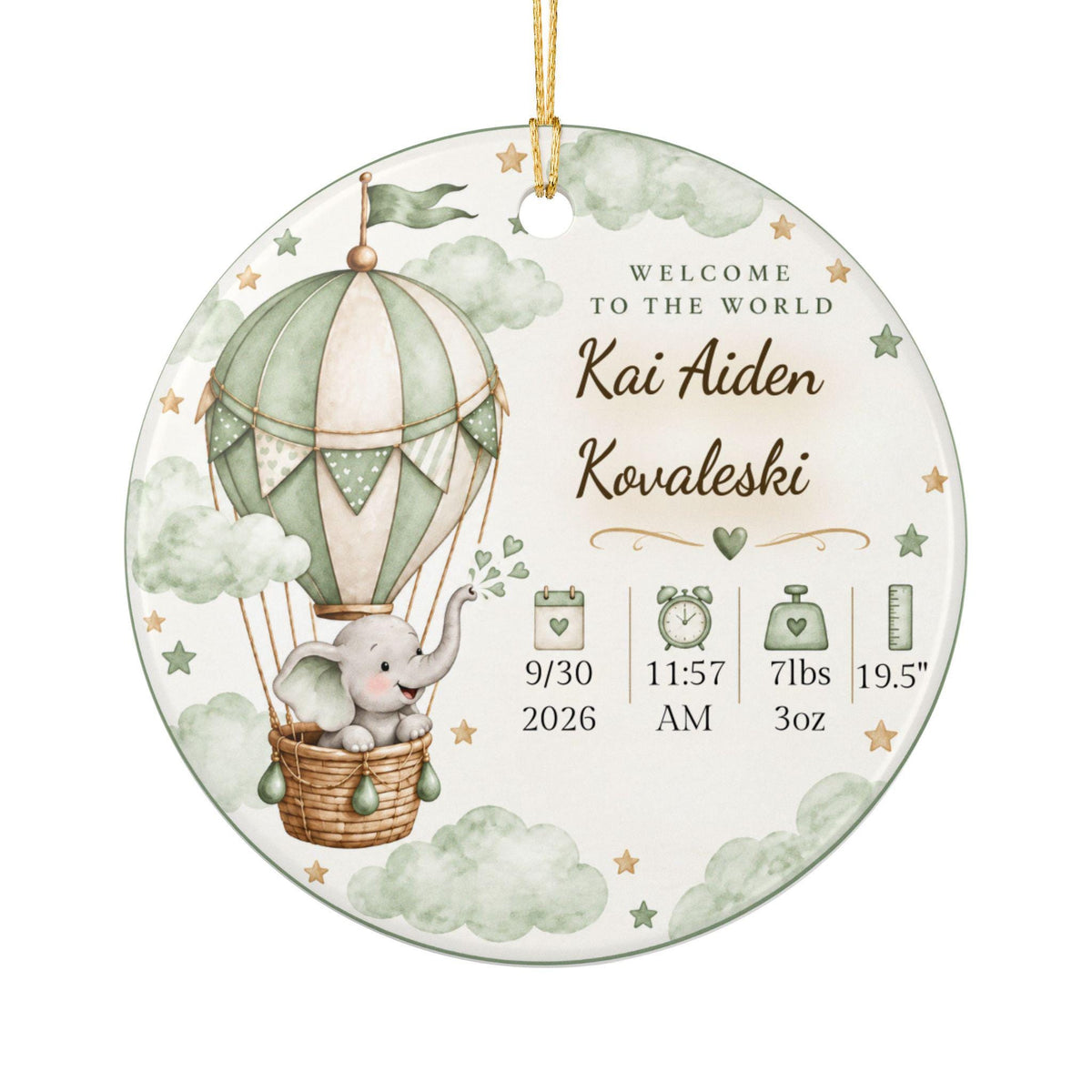 Personalized Baby Birth Stats Ornament, Elephant Hot Air Balloon Keepsake (Ceramic)