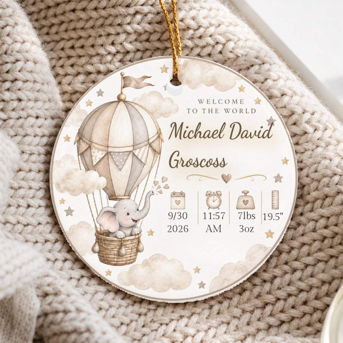 Personalized Baby Birth Stats Ornament, Elephant Hot Air Balloon Keepsake (Ceramic)