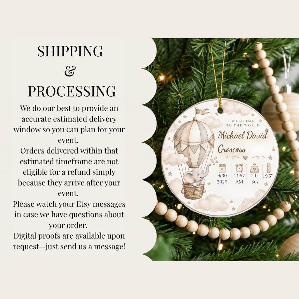 Personalized Baby Birth Stats Ornament, Elephant Hot Air Balloon Keepsake (Ceramic)