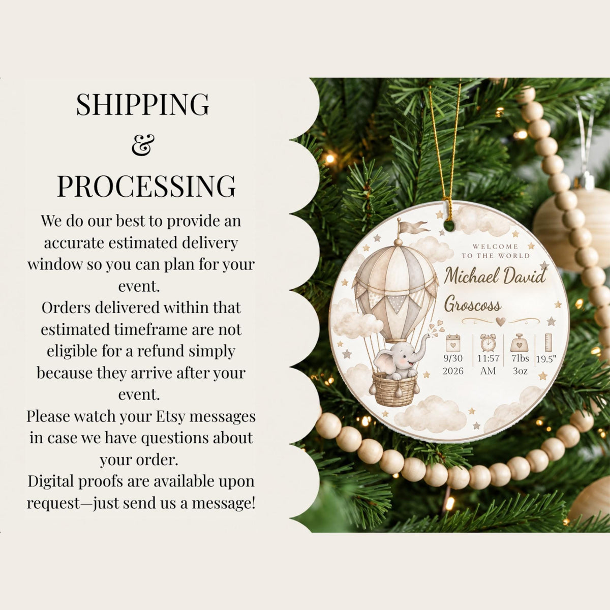 Personalized Baby Birth Stats Ornament, Elephant Hot Air Balloon Keepsake (Ceramic)