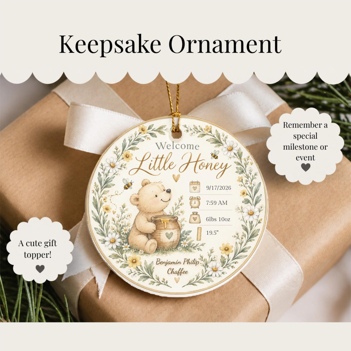 Birth Stats Ornament, Personalized Welcome Little Honey Baby Keepsake, Birth Announcement Gift, New Baby Christmas Gift, Newborn Gift