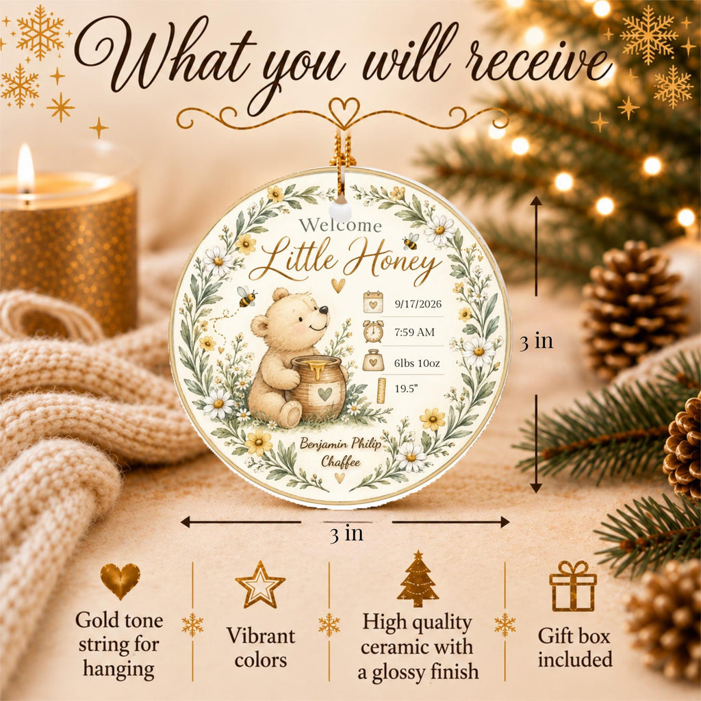 Birth Stats Ornament, Personalized Welcome Little Honey Baby Keepsake, Birth Announcement Gift, New Baby Christmas Gift, Newborn Gift