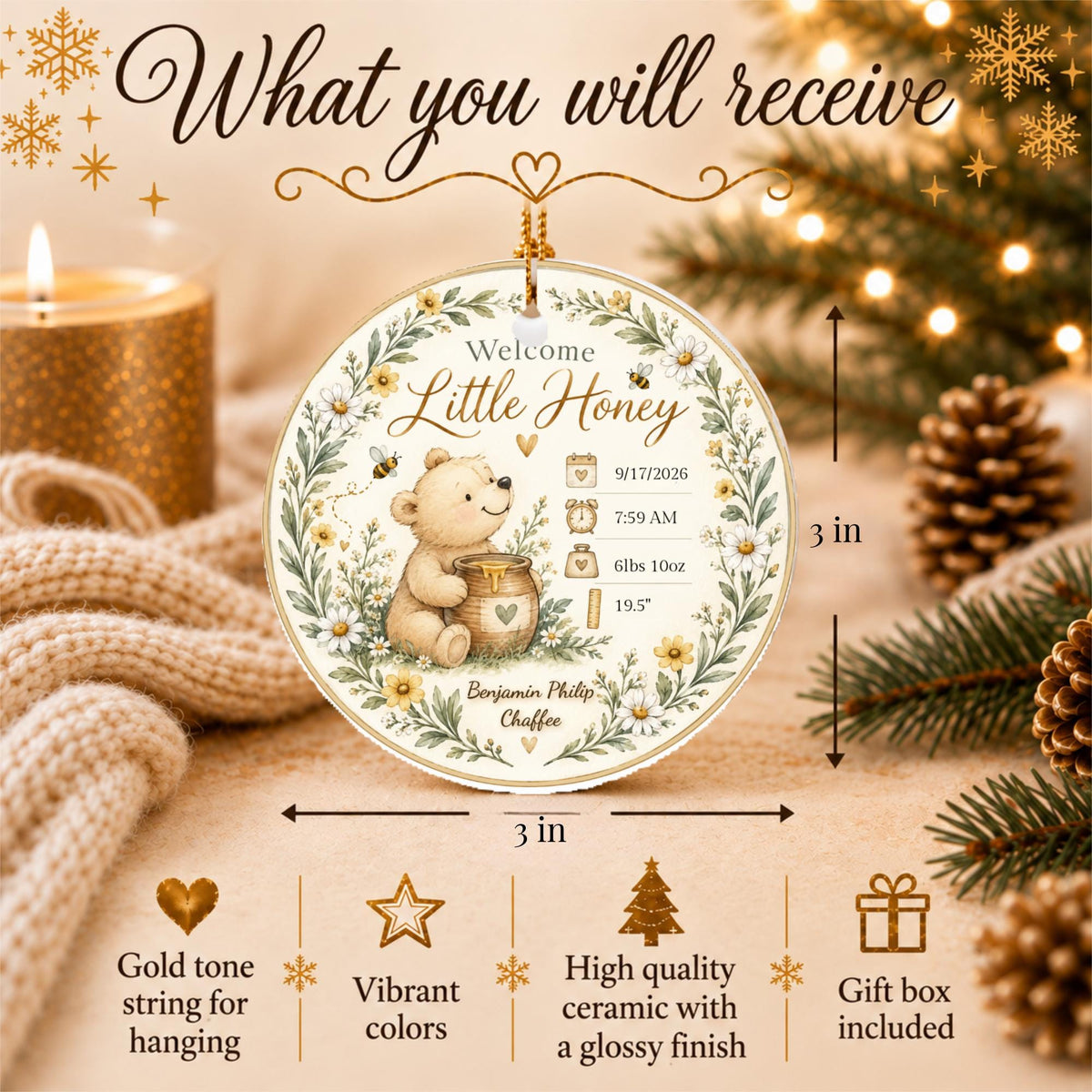 Birth Stats Ornament, Personalized Welcome Little Honey Baby Keepsake, Birth Announcement Gift, New Baby Christmas Gift, Newborn Gift
