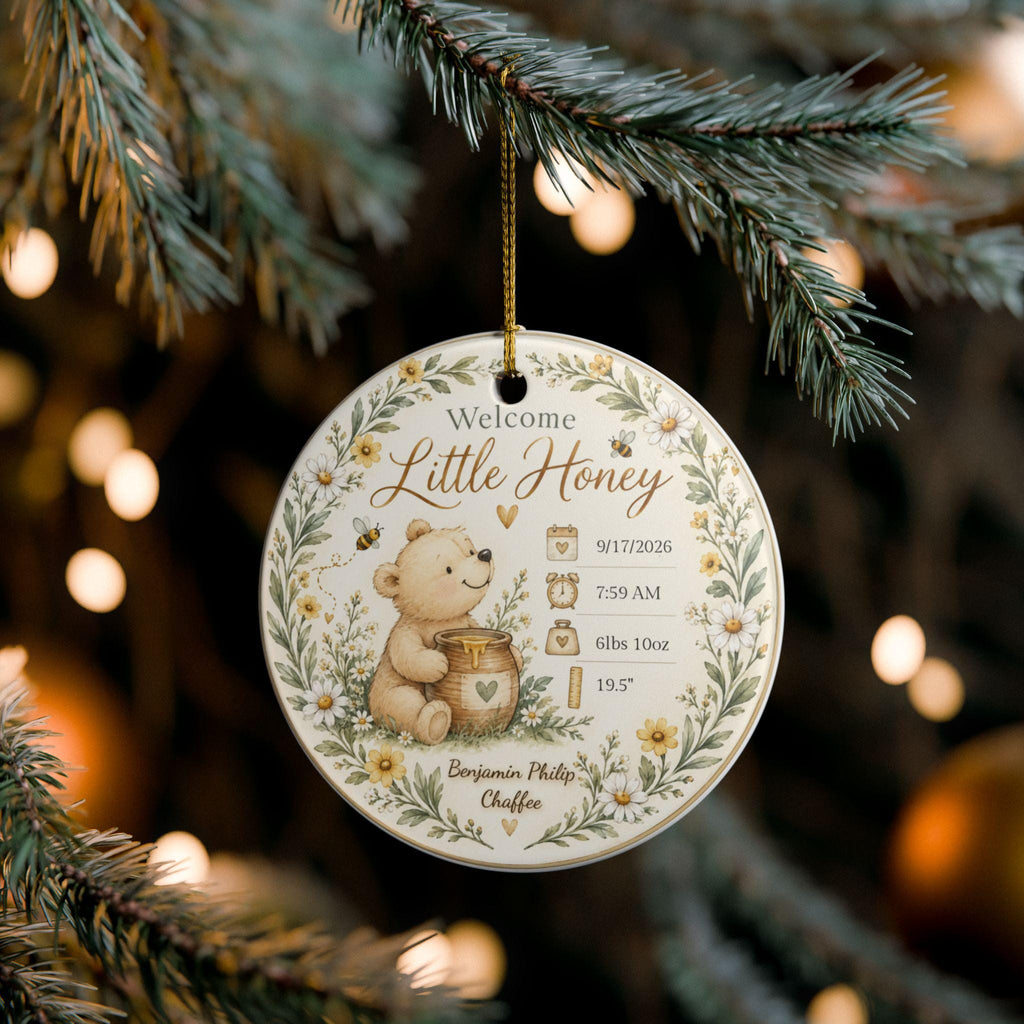 Birth Stats Ornament, Personalized Welcome Little Honey Baby Keepsake, Birth Announcement Gift, New Baby Christmas Gift, Newborn Gift