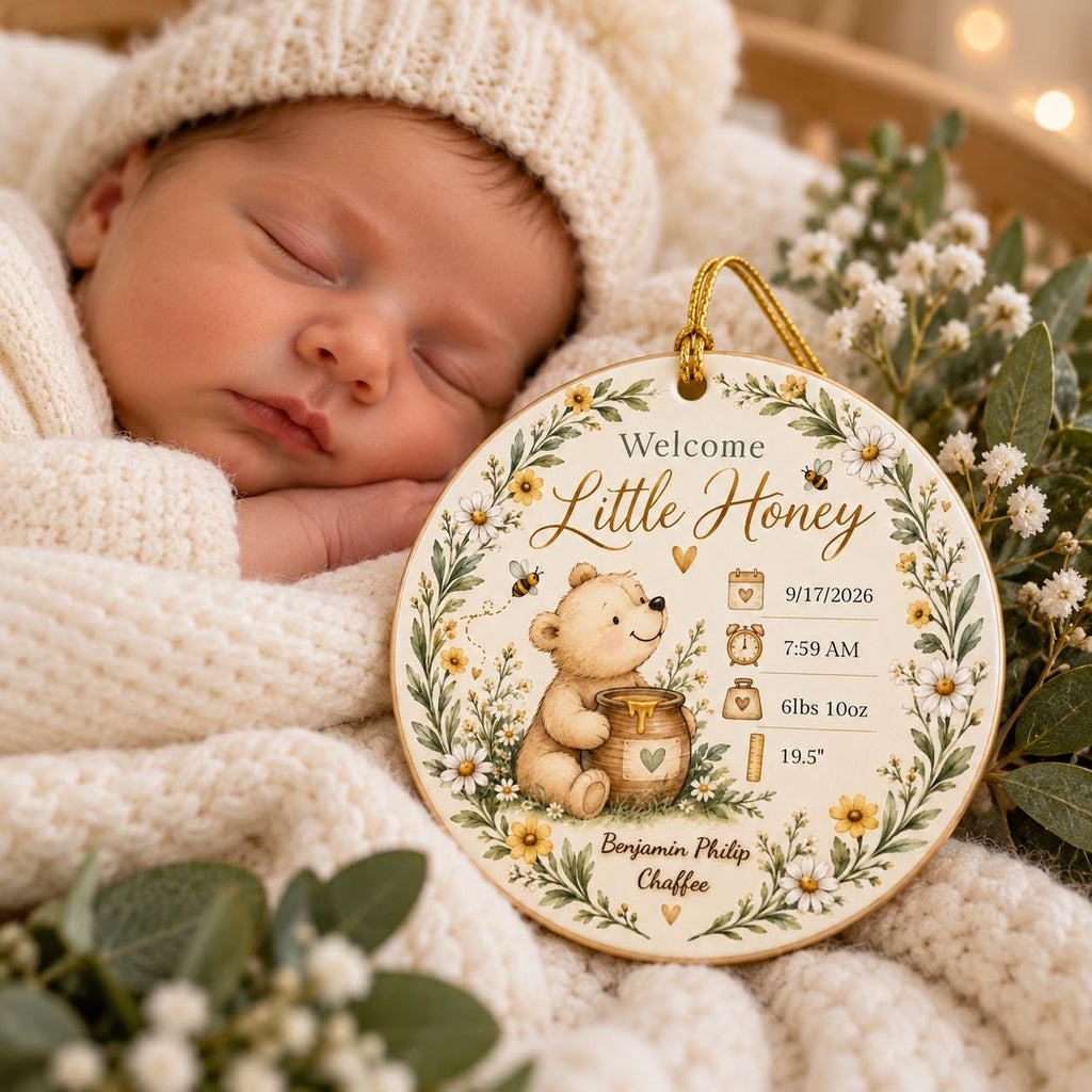 Birth Stats Ornament, Personalized Welcome Little Honey Baby Keepsake, Birth Announcement Gift, New Baby Christmas Gift, Newborn Gift