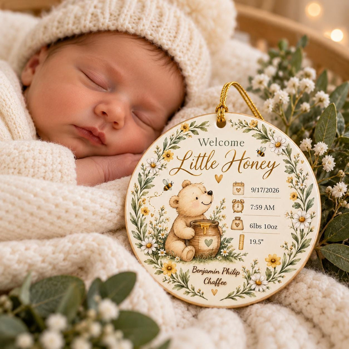 Birth Stats Ornament, Personalized Welcome Little Honey Baby Keepsake, Birth Announcement Gift, New Baby Christmas Gift, Newborn Gift