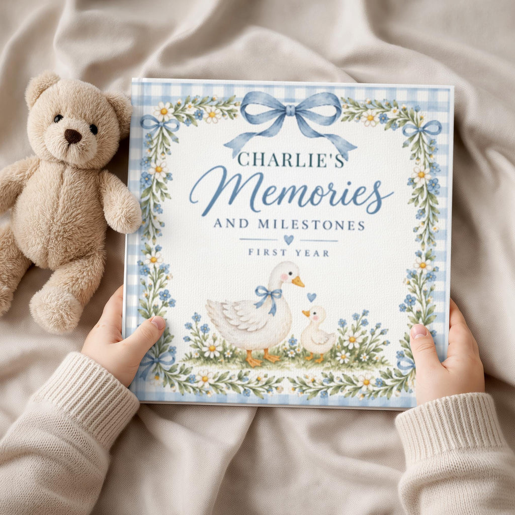 Personalized Baby Memory Book, First Year Milestone Journal, Baby Shower Gift for New Mom, Goose Baby Keepsake Album, Pink Blue Neutral