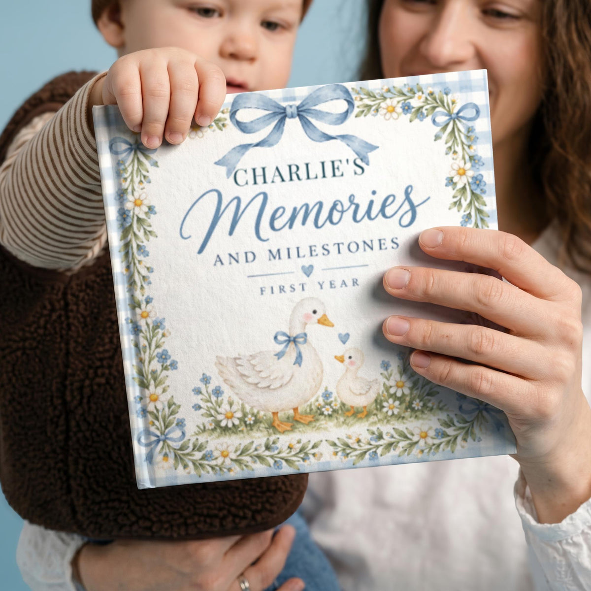 Personalized Baby Memory Book, First Year Milestone Journal, Baby Shower Gift for New Mom, Goose Baby Keepsake Album, Pink Blue Neutral