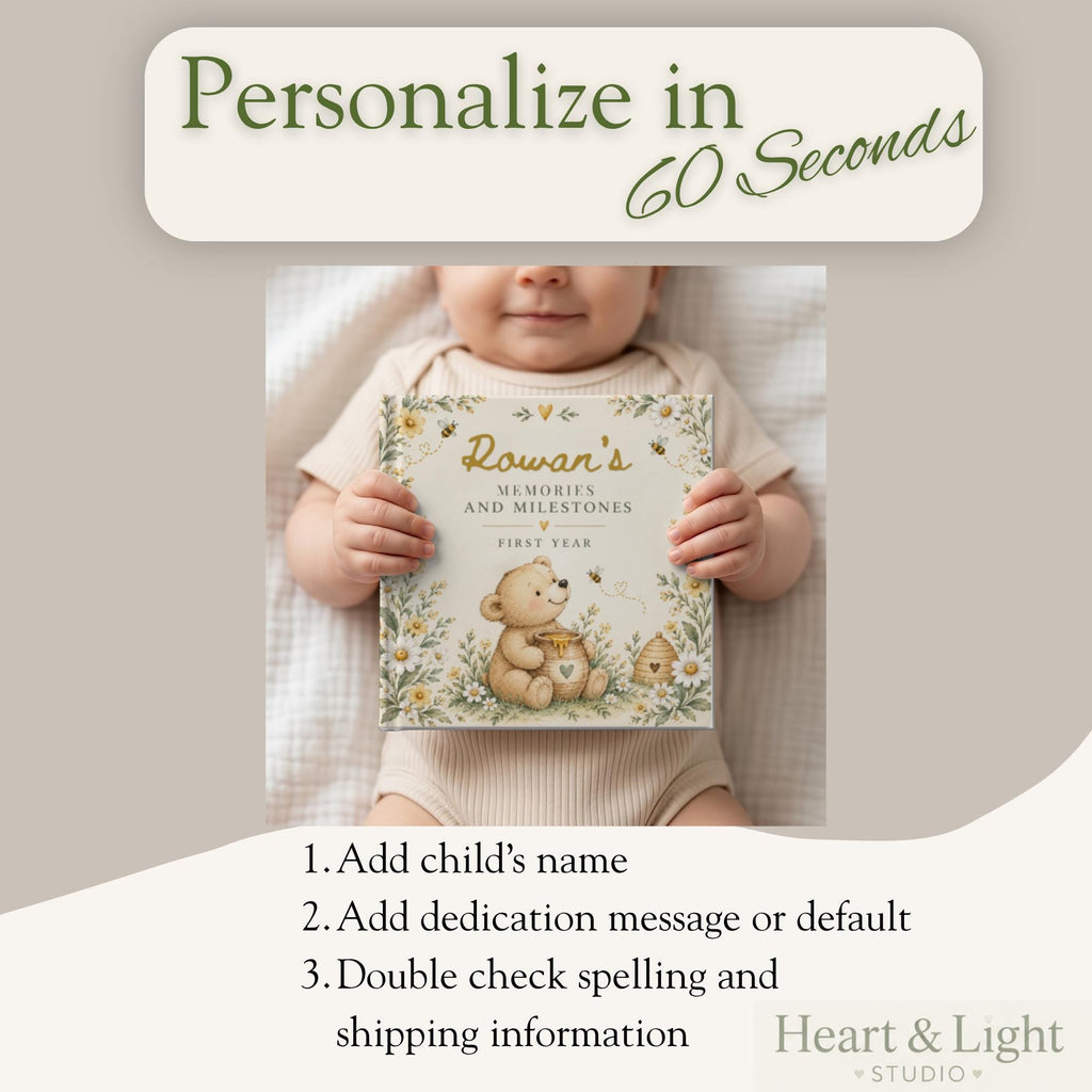 Baby Book First Year, Personalized Baby Memory Book, Honey Bear & Bee Milestone Journal, Newborn Keepsake, Baby Shower Gift