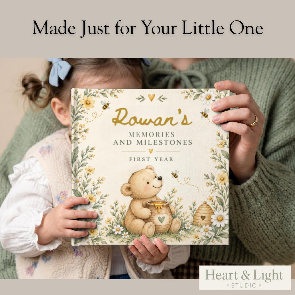 Baby Book First Year, Personalized Baby Memory Book, Honey Bear & Bee Milestone Journal, Newborn Keepsake, Baby Shower Gift