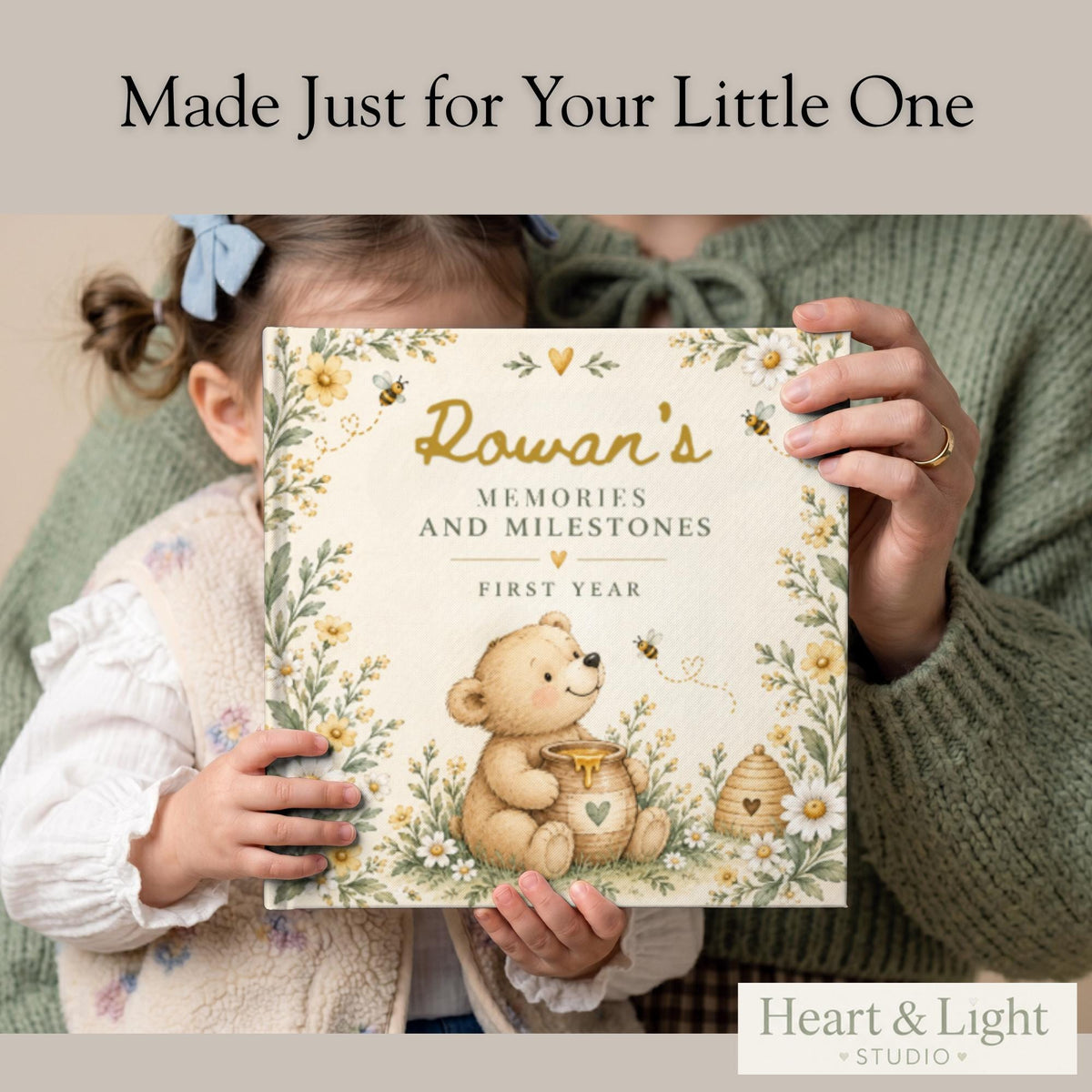 Baby Book First Year, Personalized Baby Memory Book, Honey Bear & Bee Milestone Journal, Newborn Keepsake, Baby Shower Gift