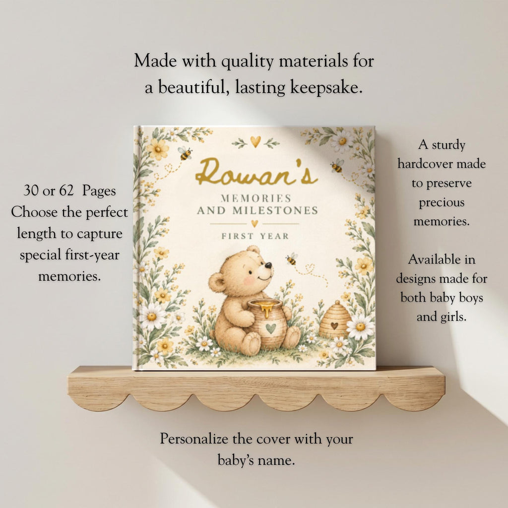 Baby Book First Year, Personalized Baby Memory Book, Honey Bear & Bee Milestone Journal, Newborn Keepsake, Baby Shower Gift