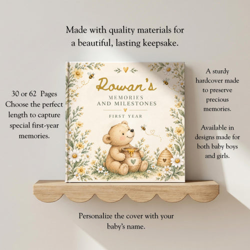 Baby Book First Year, Personalized Baby Memory Book, Honey Bear & Bee Milestone Journal, Newborn Keepsake, Baby Shower Gift