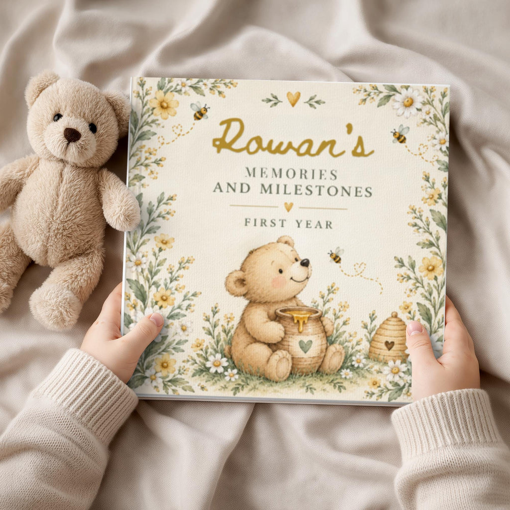 Baby Book First Year, Personalized Baby Memory Book, Honey Bear & Bee Milestone Journal, Newborn Keepsake, Baby Shower Gift