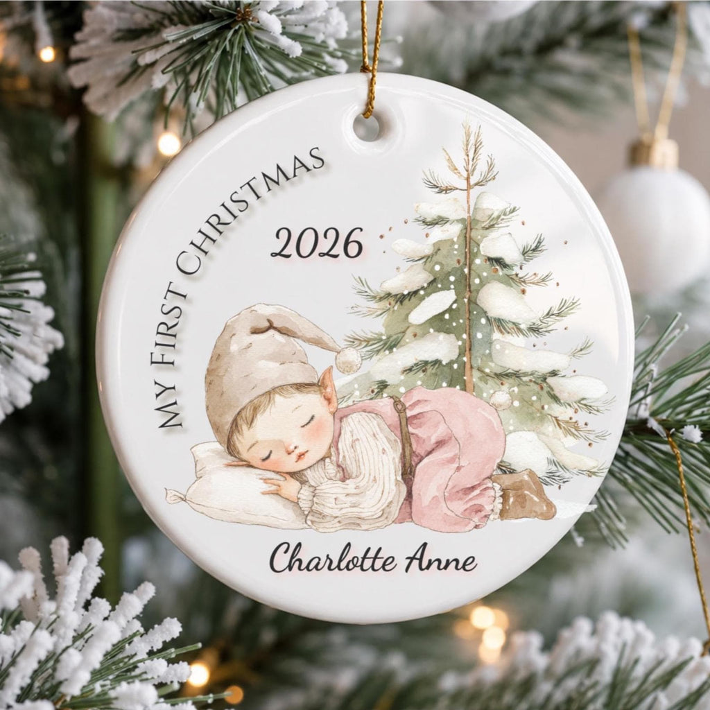 Baby's First Christmas Ornament 2026, Sleeping Baby Elf, Custom Name Ceramic Keepsake, Newborn Gift, New Baby Boy Girl, Baby Shower Gift