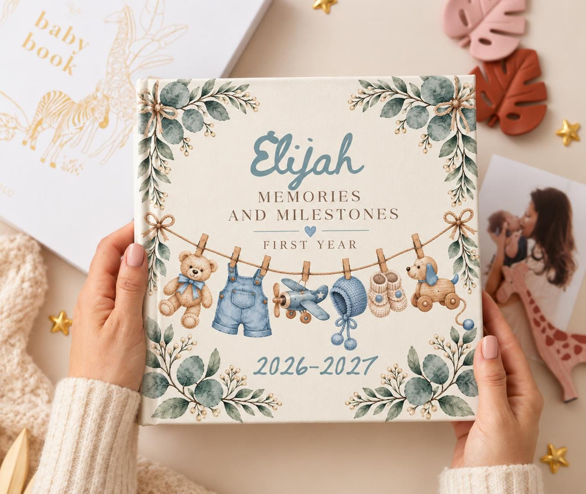 Personalized Baby Memory Book, Vintage Clothesline First Year Milestones, Baby Keepsake Journal, New Mom Gift, Pink or Blue Shower Gift