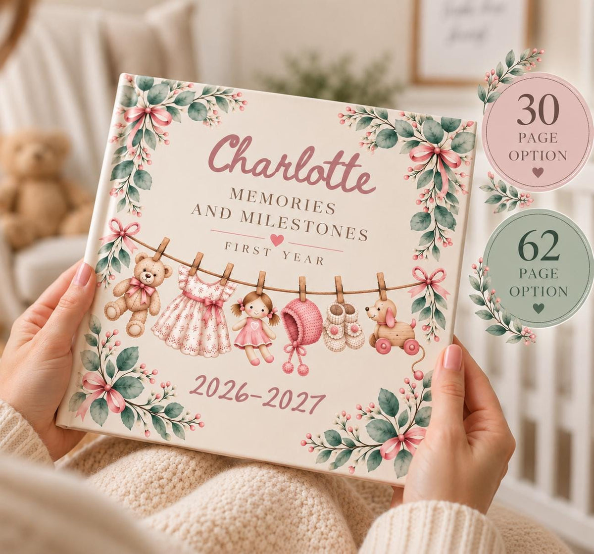 Personalized Baby Memory Book, Vintage Clothesline First Year Milestones, Baby Keepsake Journal, New Mom Gift, Pink or Blue Shower Gift
