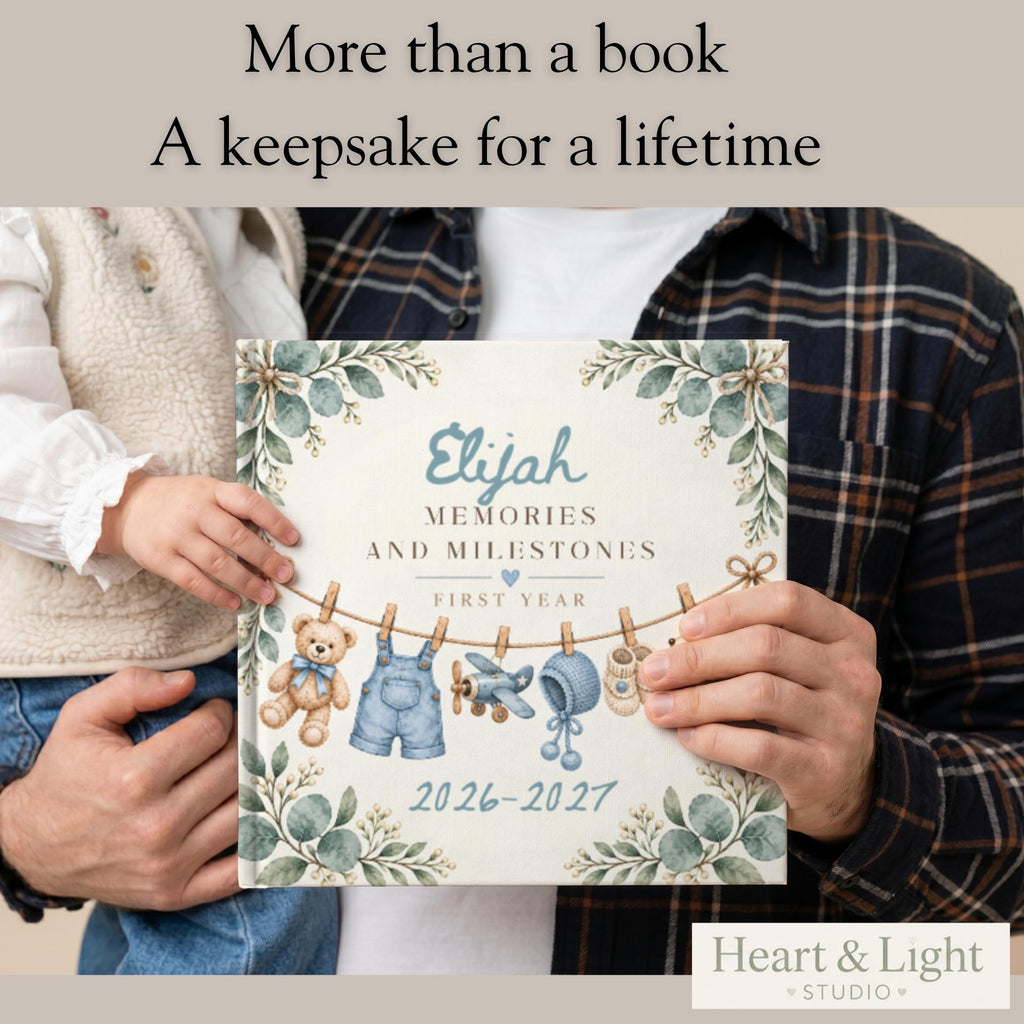 Personalized Baby Memory Book, First Year Milestone Journal, Newborn Keepsake, Baby Shower Gift for New Mom, Boy or Girl, 30 or 62 Pages