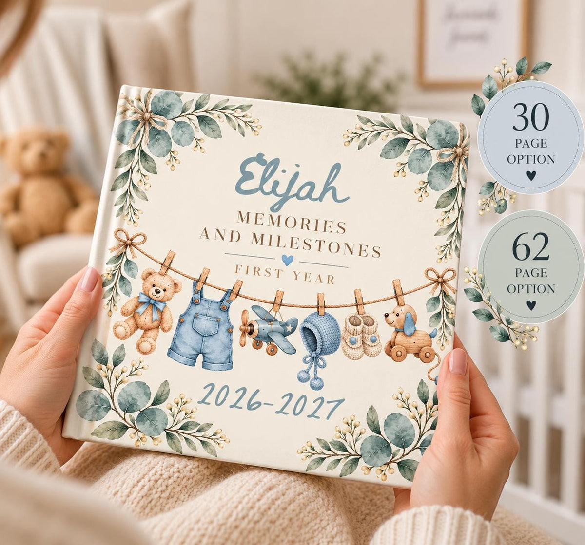 Personalized Baby Memory Book, First Year Milestone Journal, Newborn Keepsake, Baby Shower Gift for New Mom, Boy or Girl, 30 or 62 Pages