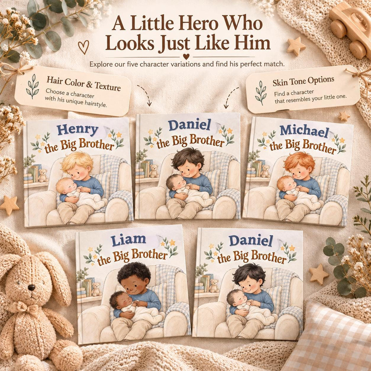Personalized Big Brother Book, New Sibling Gift, Custom Name & Character Storybook, New Baby Gift for Toddler, Big Brother Keepsake