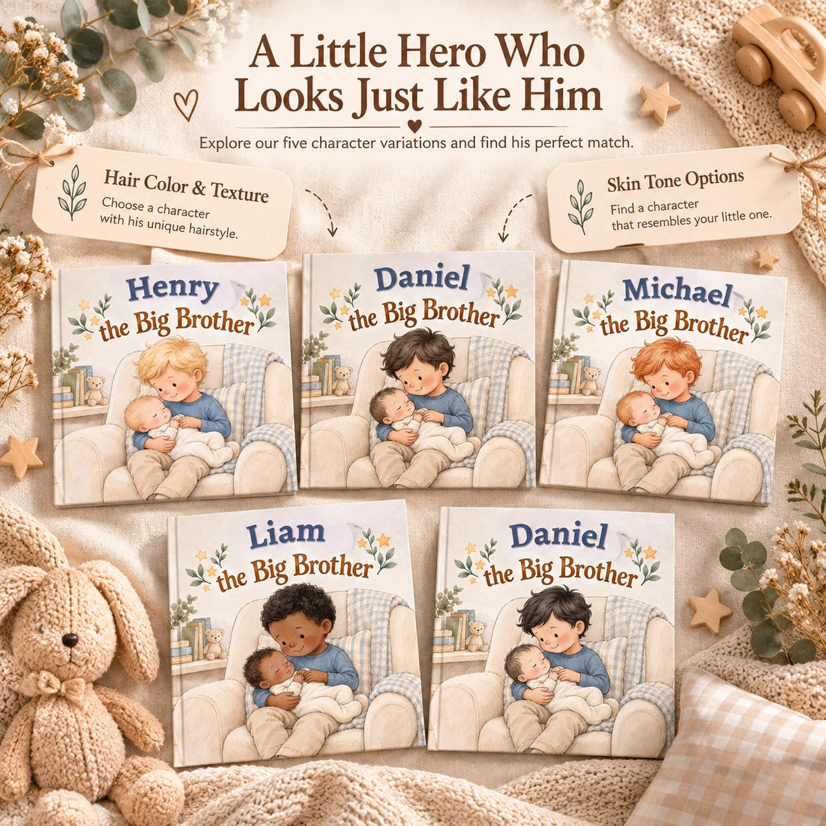 Personalized Big Brother Book, New Sibling Gift, Custom Name and Character Storybook, New Baby Gift for Toddler Boy, Keepsake