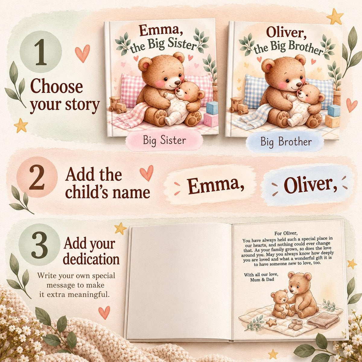 Personalized Big Sister Book, Big Brother Book, New Baby Gift for Older Sibling, Custom Name Storybook, Hospital Welcome Gift