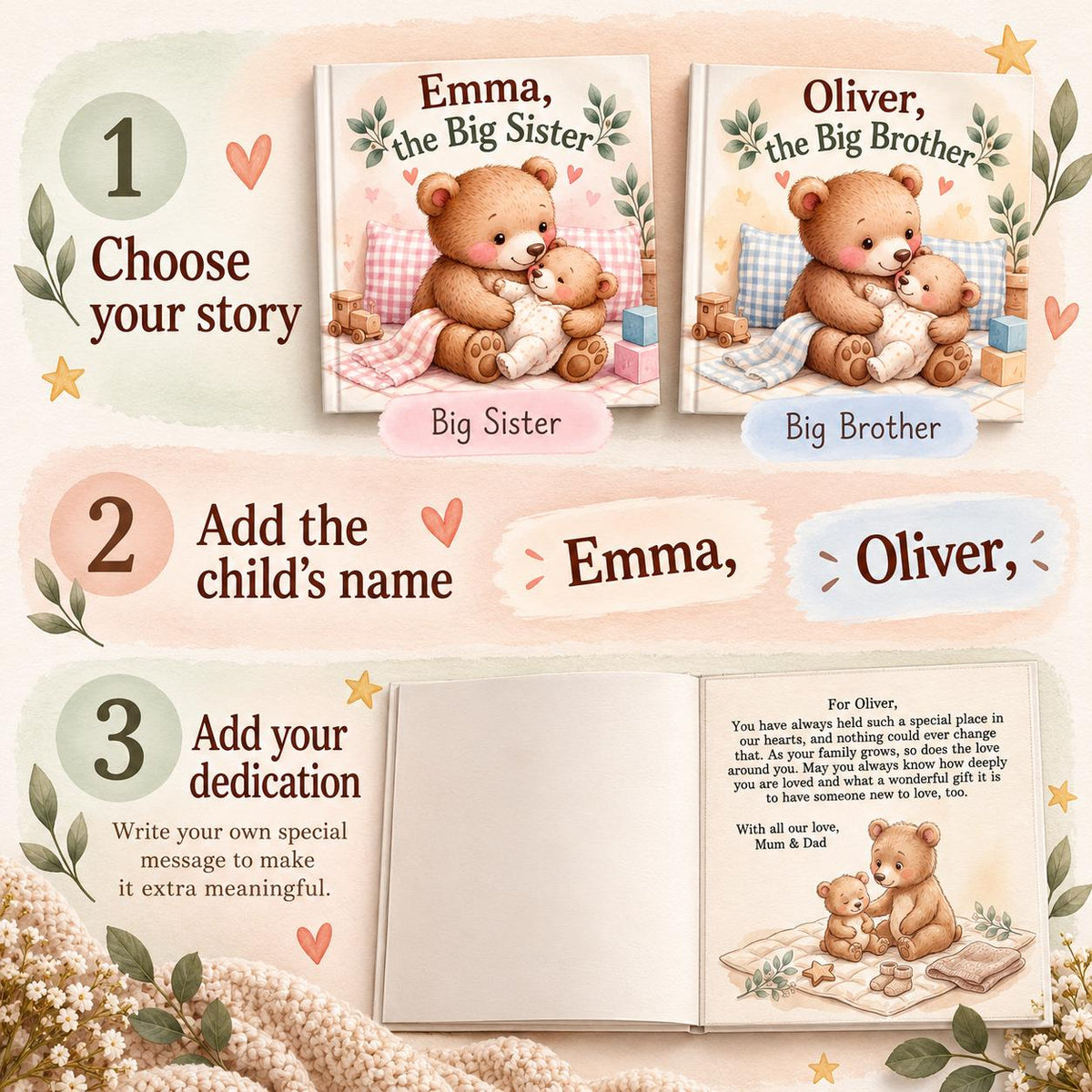 Personalized Big Brother or Big Sister Book, Custom Name Bear Storybook, New Sibling Gift for Toddler, New Baby Keepsake