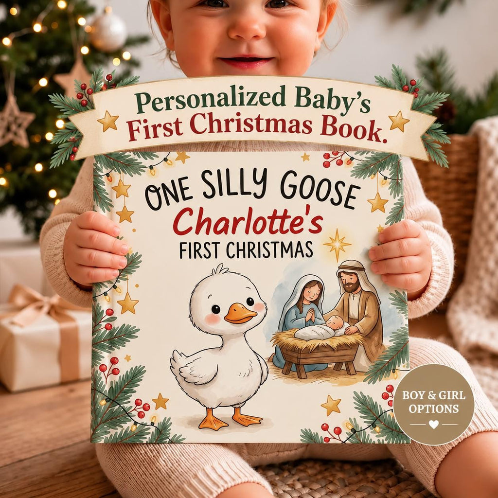 Personalized Baby's First Christmas Book | One Silly Goose Custom Name Storybook | Christian Christmas Gift
