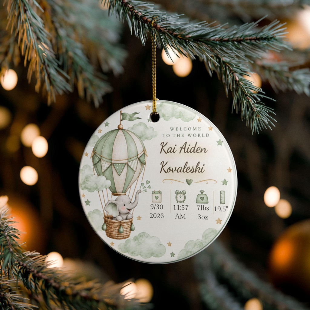 Personalized Baby Birth Stats Ornament, Elephant Hot Air Balloon Keepsake (Ceramic)