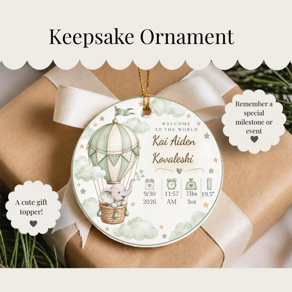 Personalized Baby Birth Stats Ornament, Elephant Hot Air Balloon Keepsake (Ceramic)