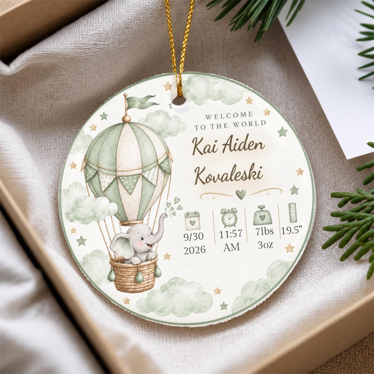 Personalized Baby Birth Stats Ornament, Elephant Hot Air Balloon Keepsake (Ceramic)